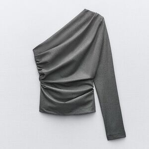 Zara Gray Ruched One-Shoulder Top XS